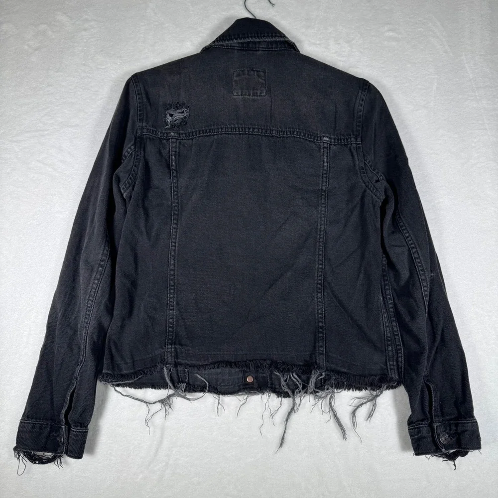 Abercrombie Black Distressed Denim Trucker Jacket‎ Raw Hem Womens M| Grunge